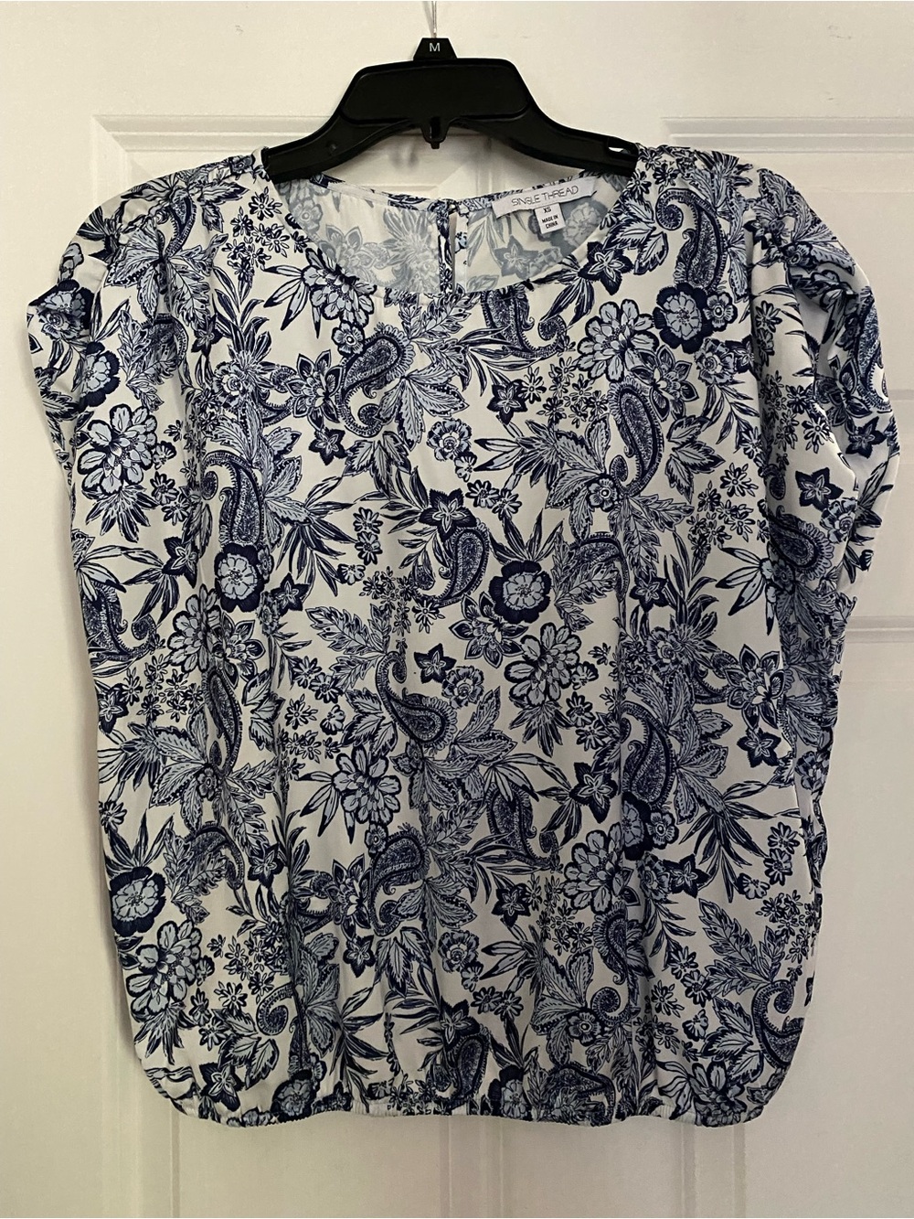 White & Navy Floral Print Top by Single Thread
